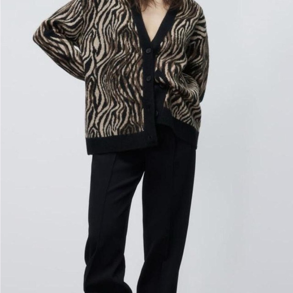 Zebra Print Cardigan with Black Trim